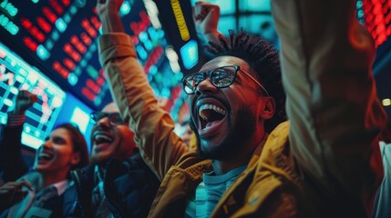 A man with glasses and a beard is smiling and holding his hands up in the air