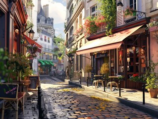 Fototapeta premium Cobblestone Street Cafe in a Parisian Neighborhood on a Sunny Day