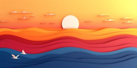 Abstract background with holiday text, seaside elements, bold colors, minimalistic design, and flat graphics