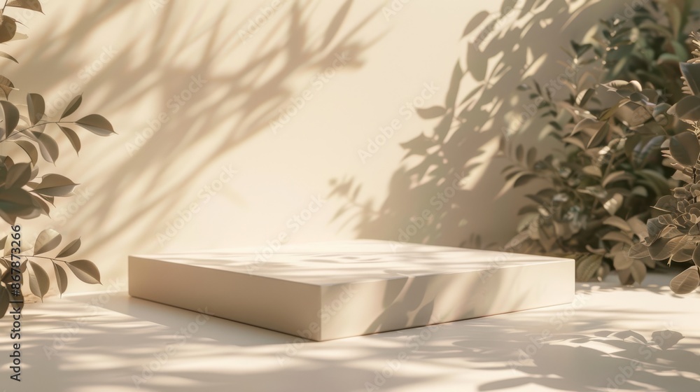 Poster an elevated light wood platform basks in sunlight, enveloped by gentle leafy shadows in a serene and