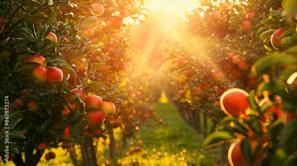 Poster A view of an apple orchard with the sun shining through the branches. The apples are ripe and red. Generative AI