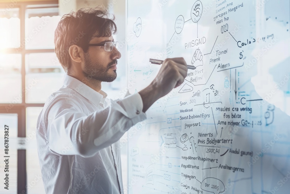 Poster a dedicated scientist examines intricate data and equations on a high-tech whiteboard in a modern la
