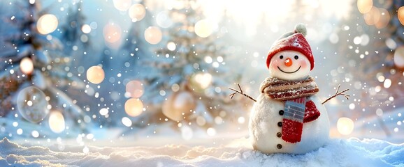 Cheerful snowman with a red hat and scarf on a snowy winter day. Sparkling lights in the background create a magical atmosphere. Ideal for holiday cards, decorations, and winter-themed projects. AI