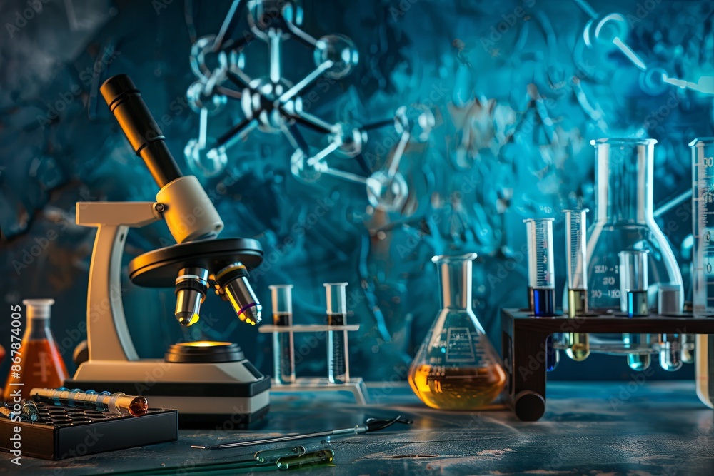 Poster a modern microscope surrounded by lab glassware sits in the center. in the backdrop, theres a blurre
