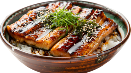  Unagi donburi garnished with shiso leaves and sesame seeds beside unagi nigiri