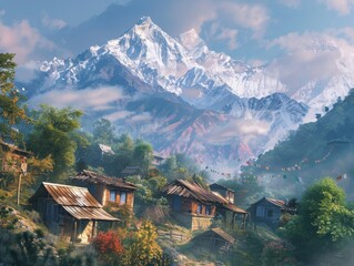 Himalayan Village Nestled at the Foot of a Snow Capped Mountain - Powered by Adobe