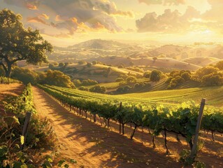 Fototapeta premium Golden Hour Sunset Over Rolling Hills Vineyard