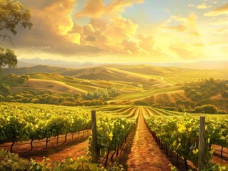 Fototapeta premium Golden Hour Sunlight Over Vineyard Rows in Rolling Hills