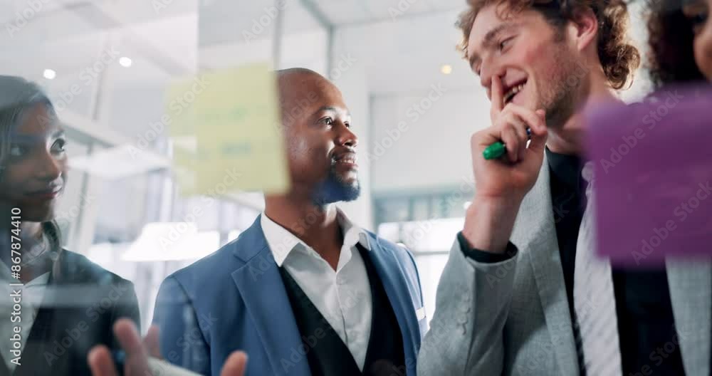 Poster glass, idea and writing with business people in office for brainstorming a strategy together. teachi