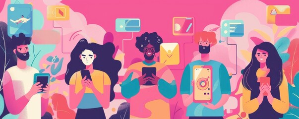 A group of people are holding cell phones and looking at them. Concept of people being preoccupied with their devices and not paying attention to their surroundings. Illustration.