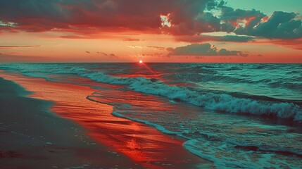 Vivid sunset over a beach with dramatic clouds and waves. This image captures the serene beauty of a coastal sunset. Ideal for travel, nature or relaxation themes. AI