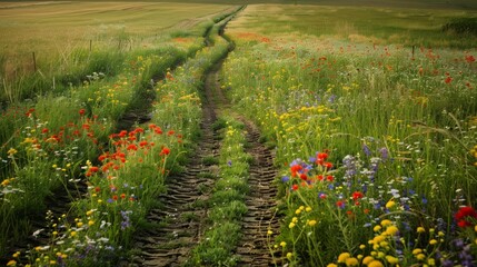 Fototapeta premium Tractor tire tracks through a field of wildflowers, rural beauty, agricultural work