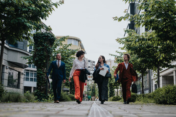 Outdoor business meeting with businesspeople discussing ideas and brainstorming creatively while walking through an urban setting, exemplifying teamwork, cooperation, and partnership.