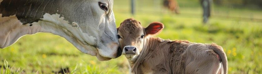 A cow nuzzling a calf in a green pasture, farm family, natural bonding