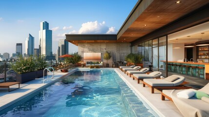 Fototapeta premium A rooftop pool with stunning city skyline views