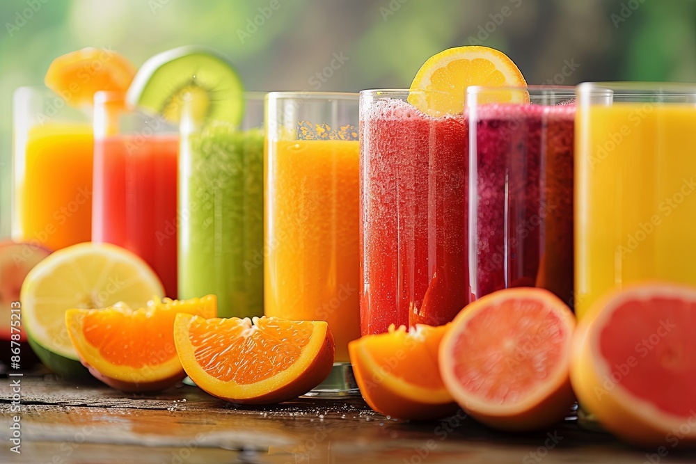 Poster a close-up shot of colorful fruit juices in glasses with sliced oranges, lemons, and grapefruits on 
