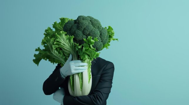 Challenge conventions with a cyber boss embracing a vegetable head, inspiring a fresh perspective and nurturing creativity, with copy space for your message