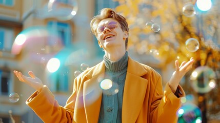 Smiling man with crutches plays with bubbles in outdoor sunlight, radiating joy and happiness