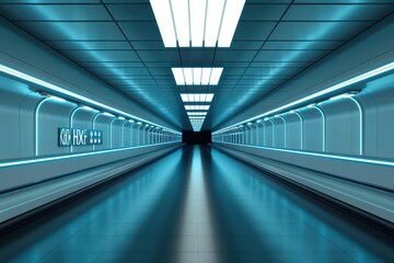 Obraz premium Discover the sleek and futuristic ambiance of a cyber airport interior, where every detail is designed for a seamless travel experience, offering copy space to inspire and inform