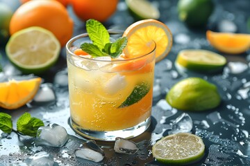 Fototapeta premium Refreshing Citrus Cocktail with Mint and Ice