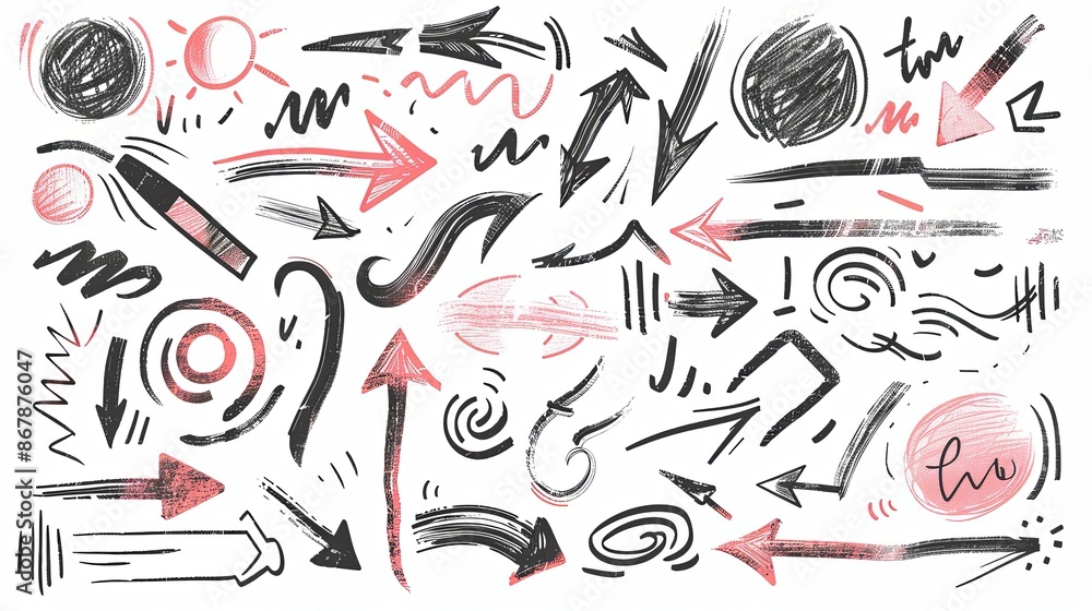 Poster A set of hand-drawn black and pink arrows and shapes isolated on a white background. Generative AI
