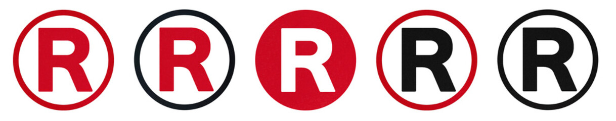 赤色と黒色を組み合わせたパターン違いの商標登録の丸いアイコンのセット