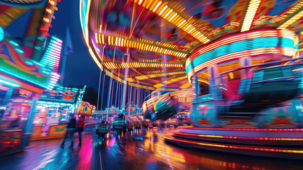 Colorful amusement rides with vibrant lights create a blur of motion. The ground reflects neon colors, suggesting recent rain. People walk nearby.