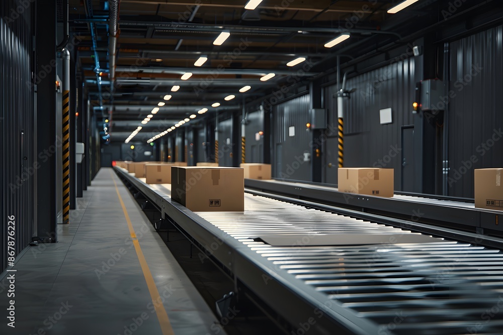 Poster automated conveyor system in a modern warehouse with moving packages