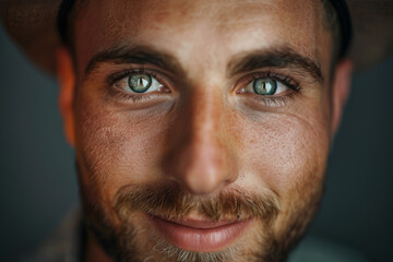 Obraz premium Close-up portrait of a young man of European descent, studio photo, against a sleek gray studio backdrop