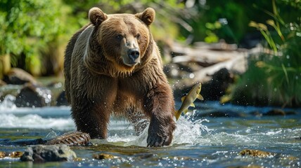 Obraz premium Brown bear fishing in river rapids during autumn, capturing a dramatic wildlife moment in a natural habitat. 