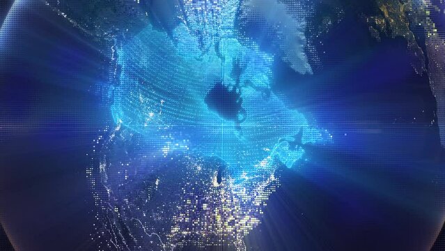 Digital Pixel Art Earth Night from Space Rotate and Zoom Shining Country Canada