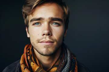 Fototapeta premium Close-up portrait of a young man of European descent, studio photo, against a sleek gray studio backdrop