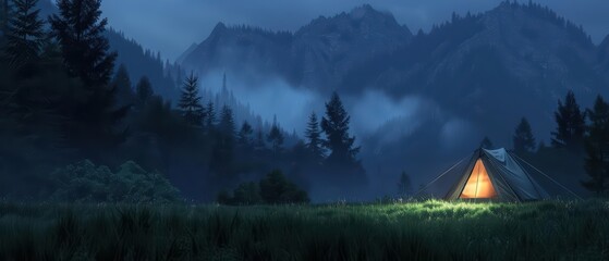 Embrace the virtual wilderness of cyber camping, where tranquility and serenity blend harmoniously, beckoning with copy space for your invitation