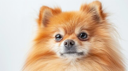Obraz premium Close up portrait of Pomeranian dog with white background and shallow depth of field