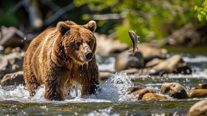 Obraz premium Brown bear fishing in river rapids during autumn, capturing a dramatic wildlife moment in a natural habitat. 