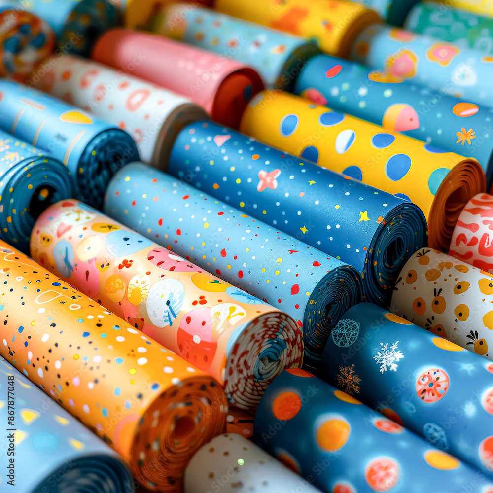 Poster a row of colorful wrapping paper with a variety of patterns and designs.