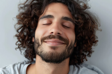 Obraz premium Close-up portrait of a young man of European descent, studio photo, against a sleek gray studio backdrop
