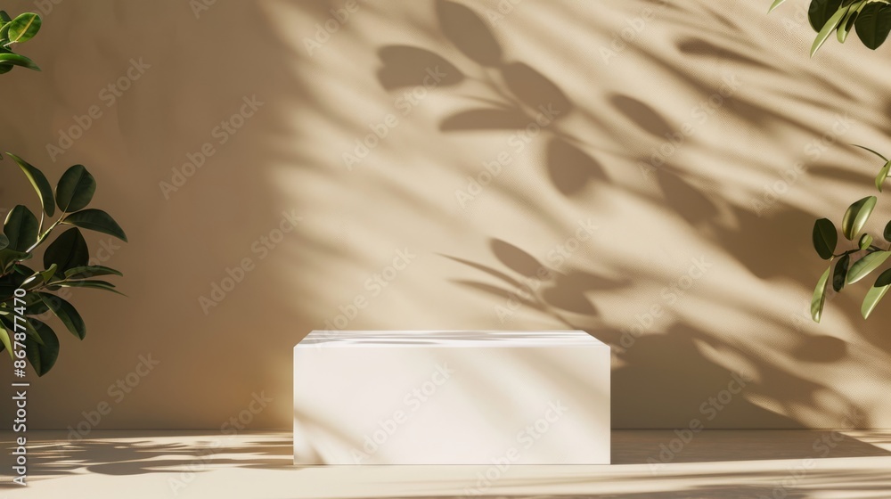 Poster minimalist beige background with shadowed leaves and a white block. ideal for product display or des
