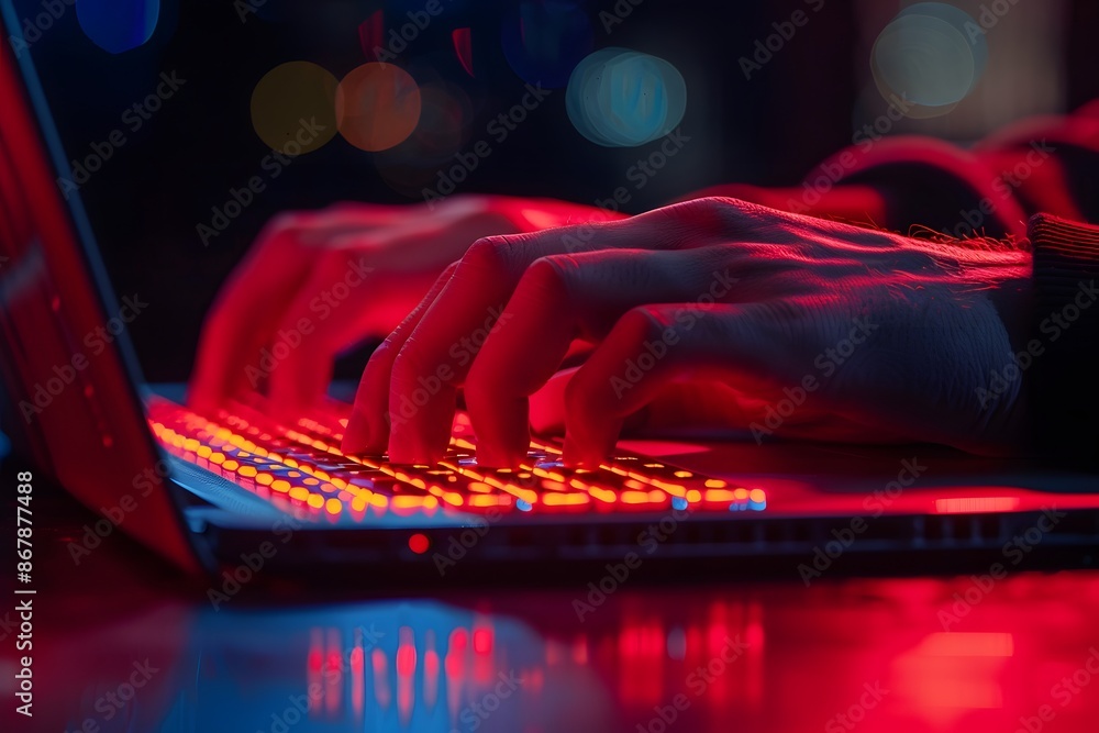 Poster hands typing on a laptop with red backlit keyboard in a dark room