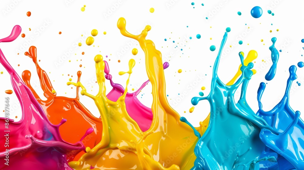 Poster vivid paint splashes in vibrant colors captured mid-motion. bright and colorful abstract background.