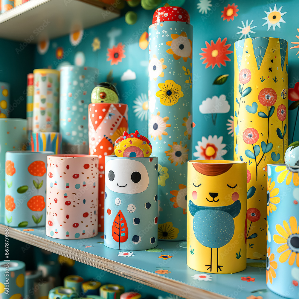 Poster a row of colorful wrapping paper with a variety of patterns and designs.
