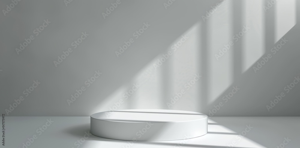 Poster sunlit white room with minimalist design, an empty podium casts shadow patterns for an artistic and 