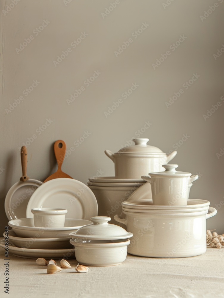 Aufkleber A collection of white ceramic cookware and dinnerware pieces arranged on a white tablecloth with some garlic cloves scattered nearby. Generative AI