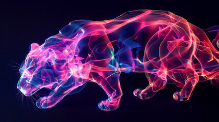 Holographic transparent tiger shapes on a black background