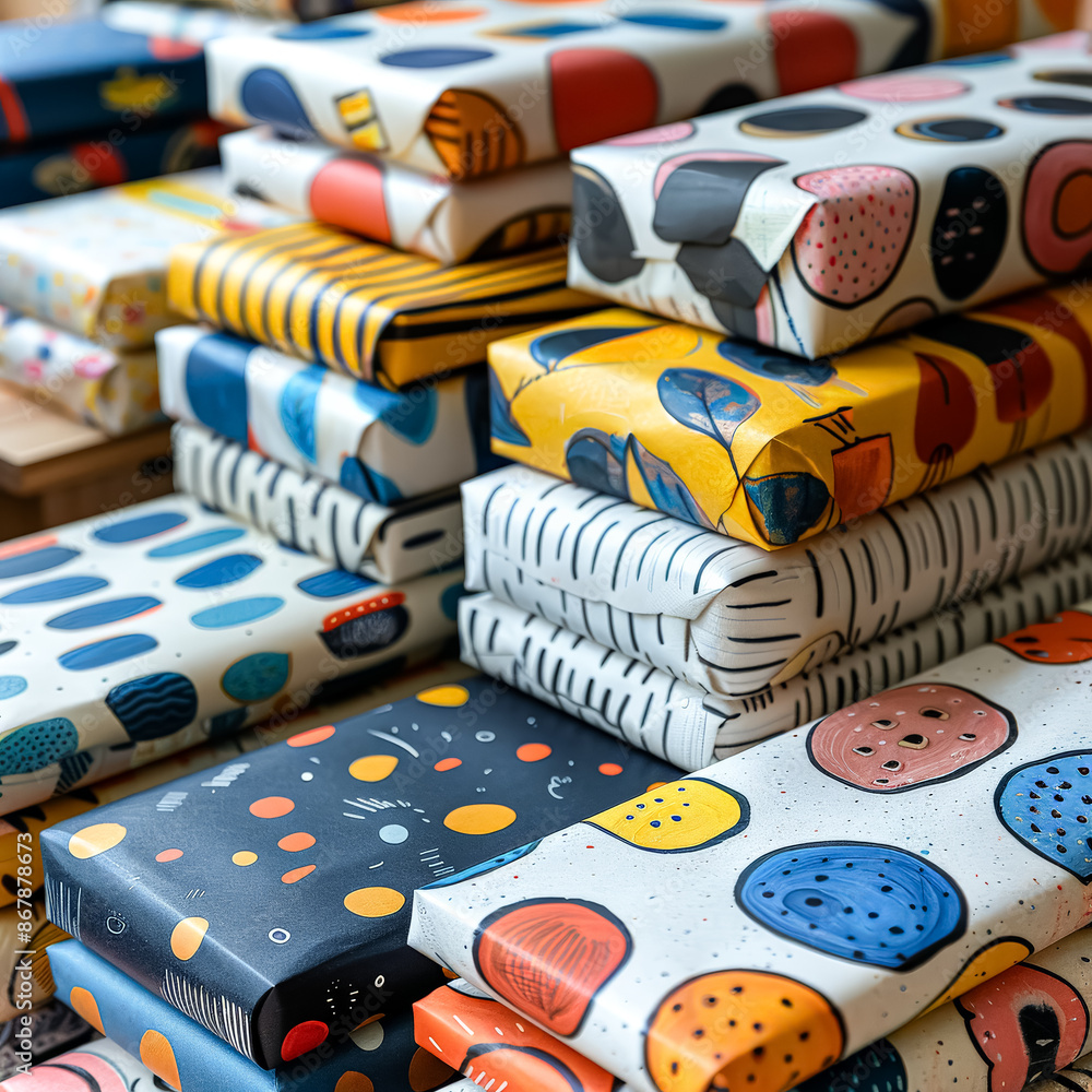 Poster a stack of colorful wrapping paper with various patterns and designs.