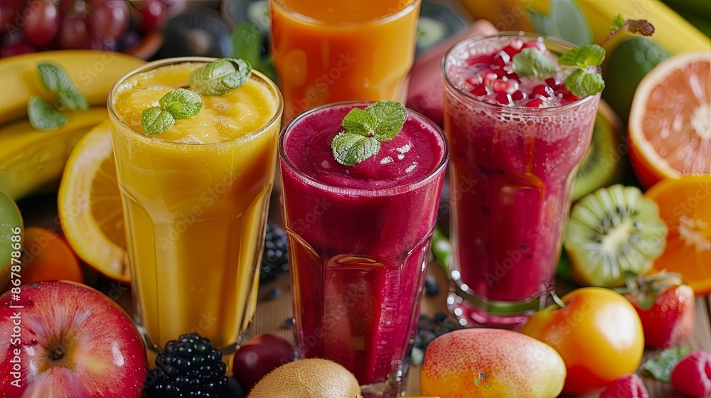 Poster a close-up of four tall glasses filled with colorful smoothies, surrounded by a variety of fresh fru