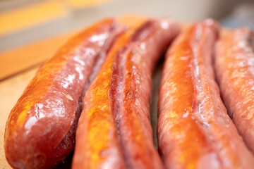 smoked sausage on a board