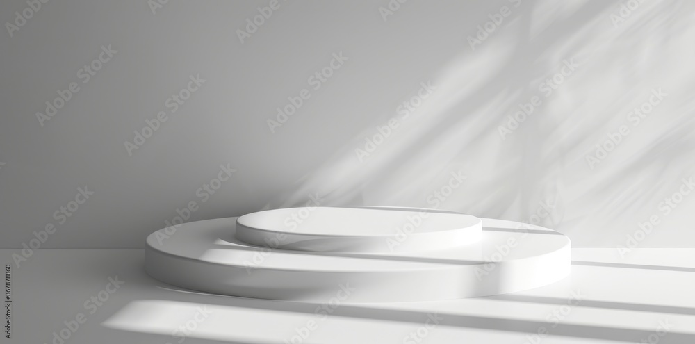 Poster sunlit white room with minimalist design, an empty podium casts shadow patterns for an artistic and 