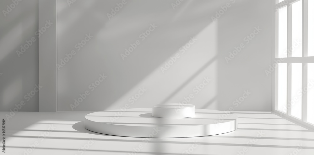 Poster sunlit white room with minimalist design, an empty podium casts shadow patterns for an artistic and 