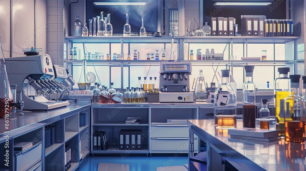 Aufkleber a clean, modern laboratory with rows of glassware and equipment, including beakers, flasks, and a ma